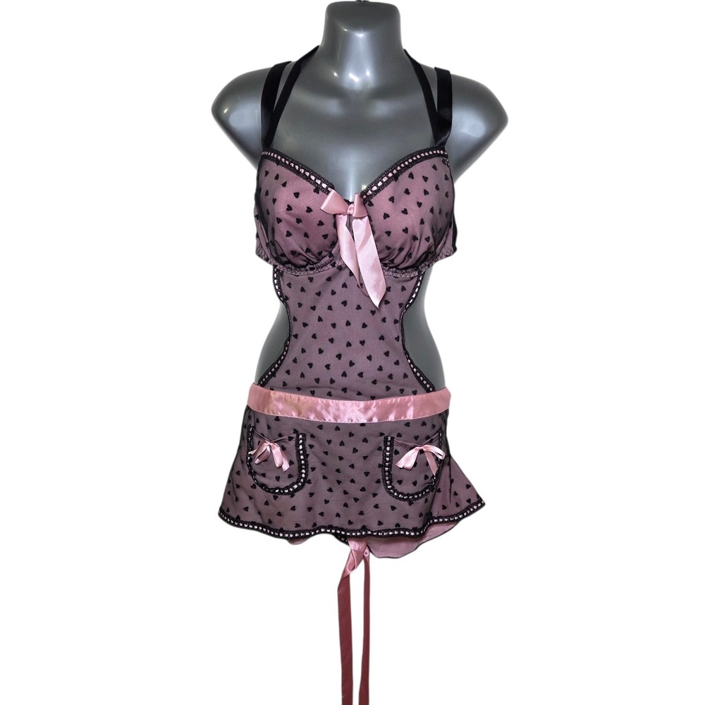 Cacique Intimates Pink Black Heart Mesh Babydoll Lingerie Teddy Silk Size 18/20